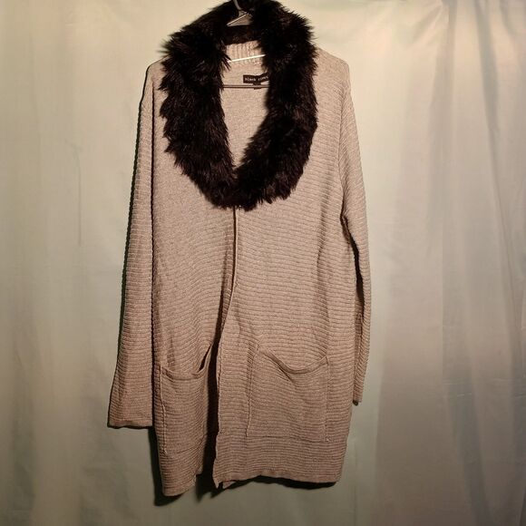 Women's Taupe Knit Cardigan with Black Faux Fur Collar – Cozy Open Front Sweater - Picture 1 of 6